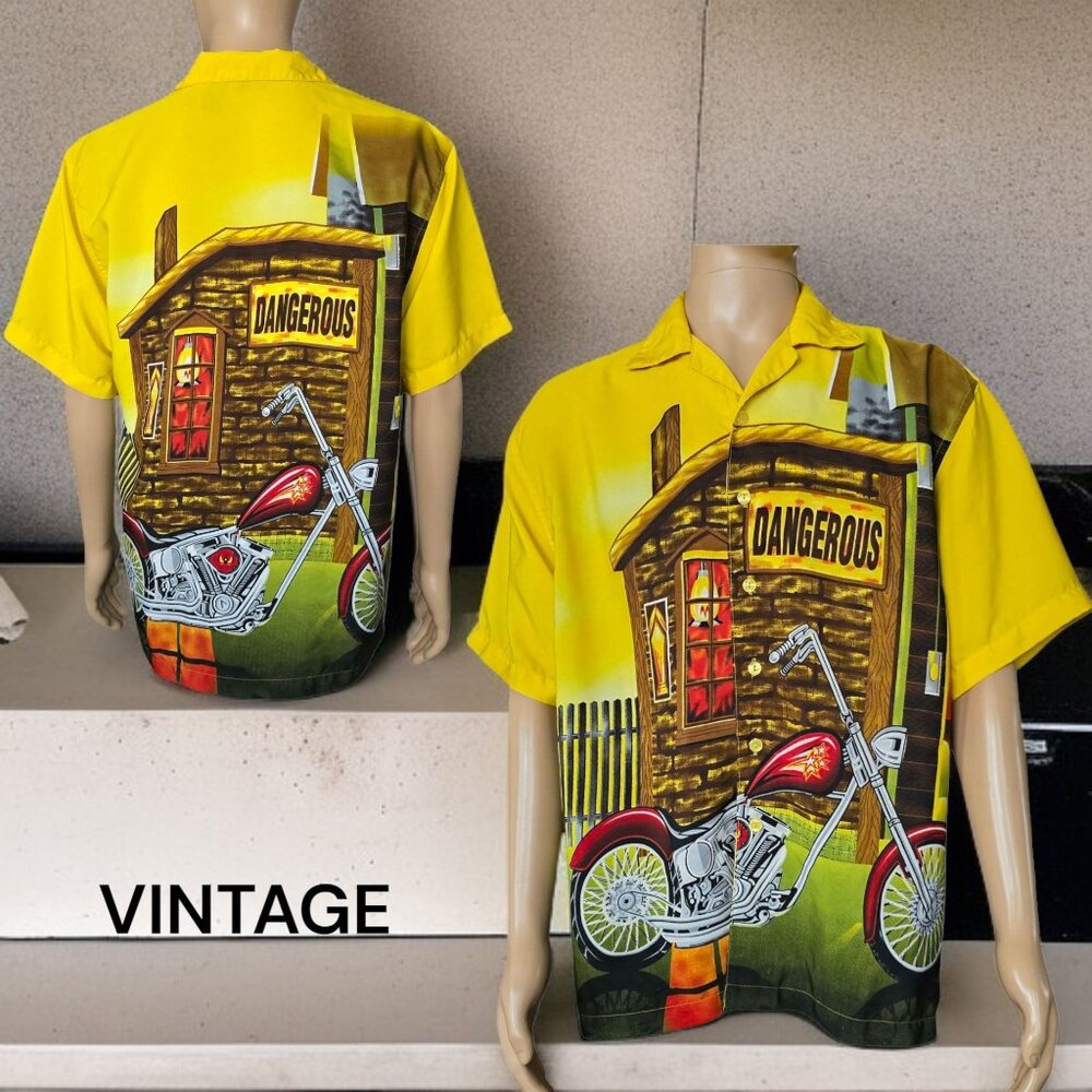 NWOT Y2K J/E/T (M/L) Biker Motorcycle Graphic Short Sleeve Button Up Shirt